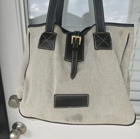 Dooney & Bourke Black Cream Tote Bag Gold Buckle Large 12x13 Inches - Picture 2 of 15